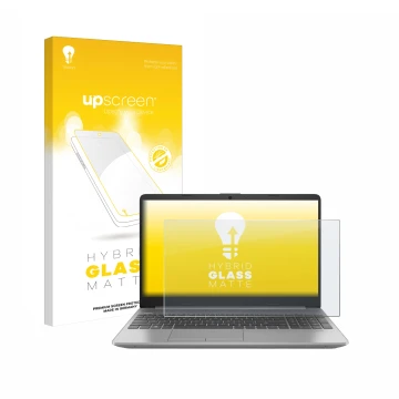 Face avant d’un emballage produit avec le logo de la marque upscreen. À côté, l’appareil HP 250 G9 est représenté avec la prot