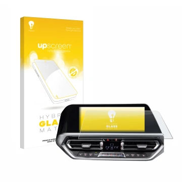 Face avant d’un emballage produit avec le logo de la marque upscreen. À côté, l’appareil BMW 3 G20 2020 est représenté avec la