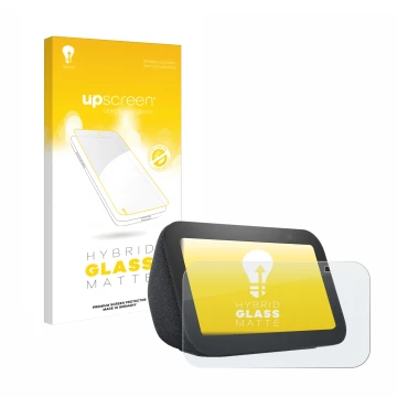 Face avant d’un emballage produit avec le logo de la marque upscreen. À côté, l’appareil Amazon Echo Show 5 (3ème Gen.) est re