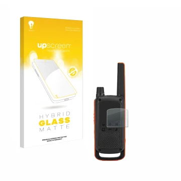Face avant d’un emballage produit avec le logo de la marque upscreen. À côté, l’appareil Motorola Talkabout T82 est représenté