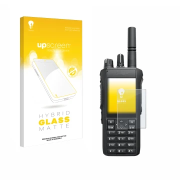 Face avant d’un emballage produit avec le logo de la marque upscreen. À côté, l’appareil Motorola Mototrbo R7 est représenté a
