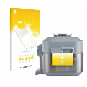 Face avant d’un emballage produit avec le logo de la marque upscreen. À côté, l’appareil Ninja Speedi Rapid Cooking System est