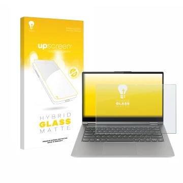 Face avant d’un emballage produit avec le logo de la marque upscreen. À côté, l’appareil Lenovo ThinkBook 14s Yoga G3 est repr