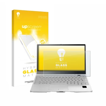 Face avant d’un emballage produit avec le logo de la marque upscreen. À côté, l’appareil Fujitsu Lifebook U9313X est représent