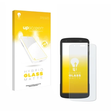 Face avant d’un emballage produit avec le logo de la marque upscreen. À côté, l’appareil Zebra TC27 est représenté avec la pro