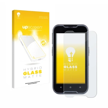 Face avant d’un emballage produit avec le logo de la marque upscreen. À côté, l’appareil Datalogic Memor 11 est représenté ave