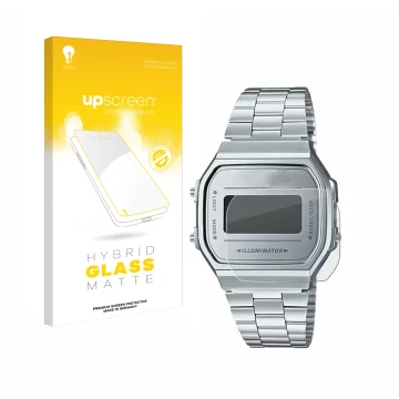 Face avant d’un emballage produit avec le logo de la marque upscreen. À côté, l’appareil Casio A168WEM-7EF est représenté avec