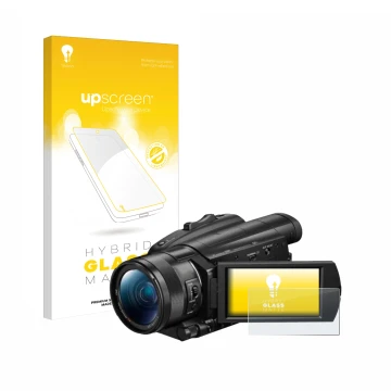 Face avant d’un emballage produit avec le logo de la marque upscreen. À côté, l’appareil Sony FDR-AX700 est représenté avec la