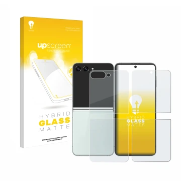 Face avant d’un emballage produit avec le logo de la marque upscreen. À côté, l’appareil Samsung Galaxy Z Flip 5 (Avant+Arrièr