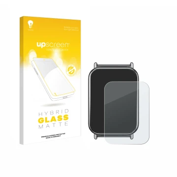 Face avant d’un emballage produit avec le logo de la marque upscreen. À côté, l’appareil Xiaomi Mi Band 8 Pro est représenté a