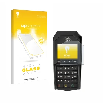 Face avant d’un emballage produit avec le logo de la marque upscreen. À côté, l’appareil ingenico Lane/3000 (non-touch) est re