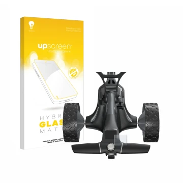 Face avant d’un emballage produit avec le logo de la marque upscreen. À côté, l’appareil Motocaddy M7 GPS Electric Trolley est