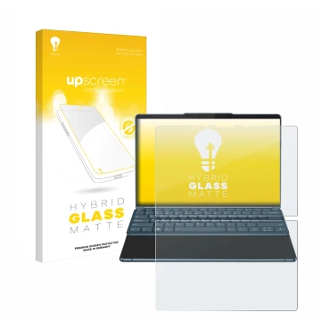 Face avant d’un emballage produit avec le logo de la marque upscreen. À côté, l’appareil Lenovo Yoga Book 9i Gen 8 est représe