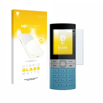 Face avant d’un emballage produit avec le logo de la marque upscreen. À côté, l’appareil Nokia 150 (2023) est représenté avec 