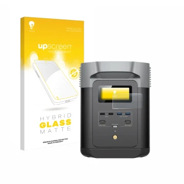 Face avant d’un emballage produit avec le logo de la marque upscreen. À côté, l’appareil EcoFlow DELTA 2 est représenté avec l