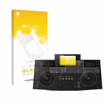 Face avant d’un emballage produit avec le logo de la marque upscreen. À côté, l’appareil Pioneer OPUS-QUAD est représenté avec