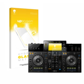 Face avant d’un emballage produit avec le logo de la marque upscreen. À côté, l’appareil Pioneer XDJ -RR est représenté avec l