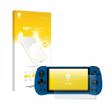 Face avant d’un emballage produit avec le logo de la marque upscreen. À côté, l’appareil Powkiddy X55 est représenté avec la p