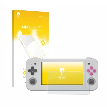 Face avant d’un emballage produit avec le logo de la marque upscreen. À côté, l’appareil Anbernic RG505 est représenté avec la