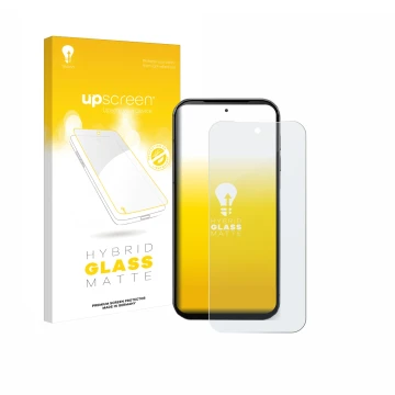 Face avant d’un emballage produit avec le logo de la marque upscreen. À côté, l’appareil Fairphone 5 est représenté avec la pr