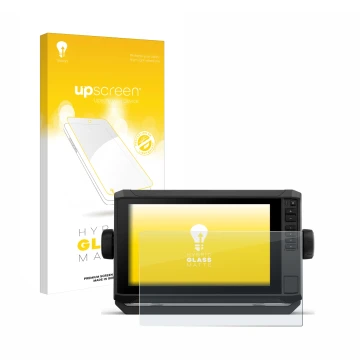 Face avant d’un emballage produit avec le logo de la marque upscreen. À côté, l’appareil Garmin ECHOMAP UHD2 9