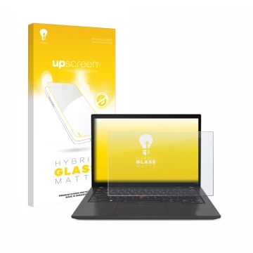 Face avant d’un emballage produit avec le logo de la marque upscreen. À côté, l’appareil Lenovo ThinkPad P14s Gen 4 est représ