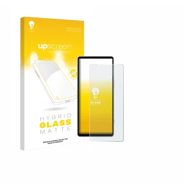 Face avant d’un emballage produit avec le logo de la marque upscreen. À côté, l’appareil Sony Xperia 5 V est représenté avec l