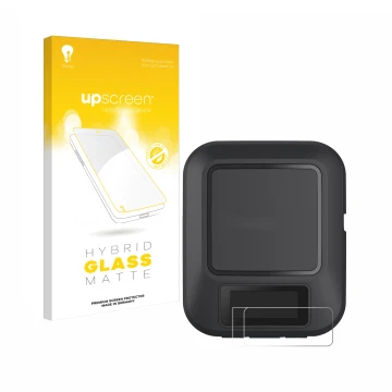 Face avant d’un emballage produit avec le logo de la marque upscreen. À côté, l’appareil Garmin inReach Messenger est représen