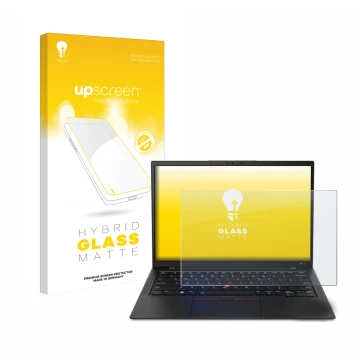 Face avant d’un emballage produit avec le logo de la marque upscreen. À côté, l’appareil Lenovo ThinkPad X1 Carbon 14