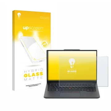 Face avant d’un emballage produit avec le logo de la marque upscreen. À côté, l’appareil Lenovo ThinkPad E14 Gen 5 est représe