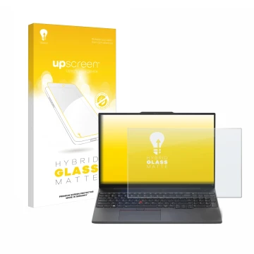 Face avant d’un emballage produit avec le logo de la marque upscreen. À côté, l’appareil Lenovo ThinkPad E16 Gen 1 est représe