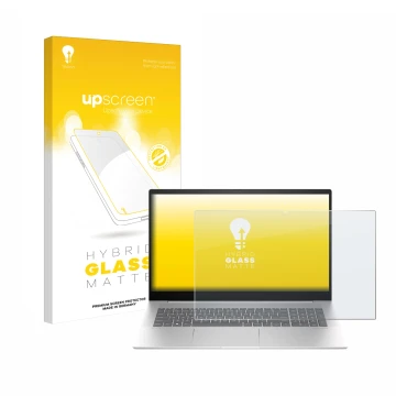 Face avant d’un emballage produit avec le logo de la marque upscreen. À côté, l’appareil HP Envy 17-cw0000 est représenté avec
