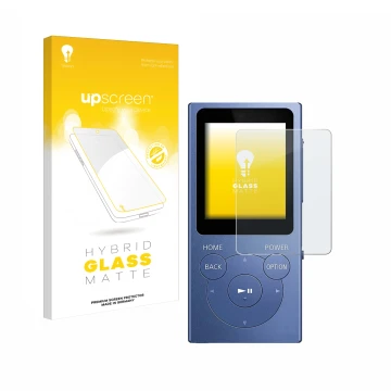 Face avant d’un emballage produit avec le logo de la marque upscreen. À côté, l’appareil Sony Walkman NW-E394 est représenté a