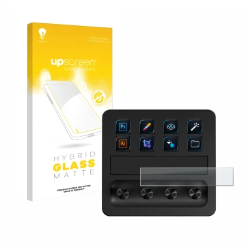 Face avant d’un emballage produit avec le logo de la marque upscreen. À côté, l’appareil Elgato Stream Deck + est représenté a