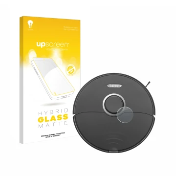 Face avant d’un emballage produit avec le logo de la marque upscreen. À côté, l’appareil Roborock S8 Lidar Sensor (modèle blan