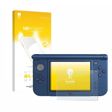 Face avant d’un emballage produit avec le logo de la marque upscreen. À côté, l’appareil Nintendo New 3DS XL (Affichage inféri