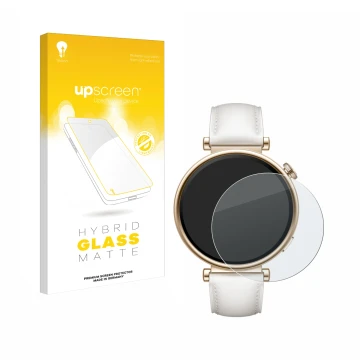 Face avant d’un emballage produit avec le logo de la marque upscreen. À côté, l’appareil Huawei Watch GT 4 (41mm) est représen