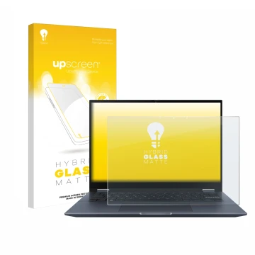 Face avant d’un emballage produit avec le logo de la marque upscreen. À côté, l’appareil ASUS Vivobook S 14 Flip TP3402 est re