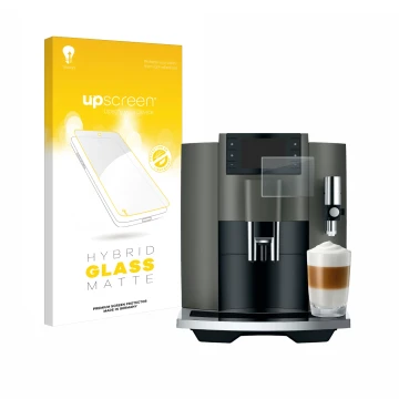 Face avant d’un emballage produit avec le logo de la marque upscreen. À côté, l’appareil Jura E8 (EC) est représenté avec la p