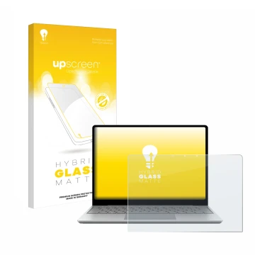 Face avant d’un emballage produit avec le logo de la marque upscreen. À côté, l’appareil Microsoft Surface Laptop Go 3 Busines