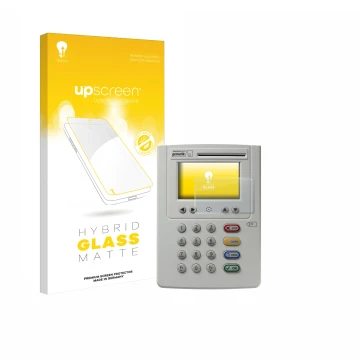 Face avant d’un emballage produit avec le logo de la marque upscreen. À côté, l’appareil ingenico eHealth ORGA Neo 6141 est re