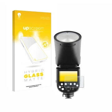 Face avant d’un emballage produit avec le logo de la marque upscreen. À côté, l’appareil Godox V1 est représenté avec la prote