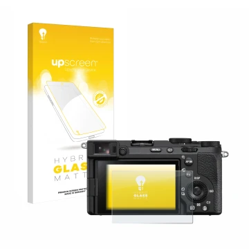Face avant d’un emballage produit avec le logo de la marque upscreen. À côté, l’appareil Sony Alpha 7CR est représenté avec la