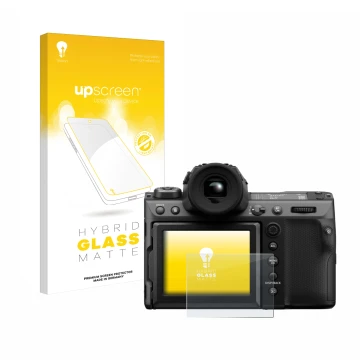 Face avant d’un emballage produit avec le logo de la marque upscreen. À côté, l’appareil Fujifilm GFX100 II est représenté ave