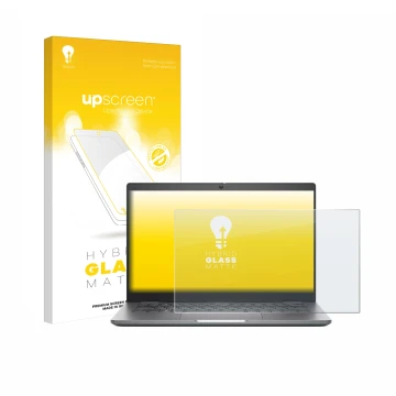 Face avant d’un emballage produit avec le logo de la marque upscreen. À côté, l’appareil Dell Latitude 5340 Laptop est représe