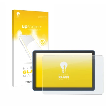 Face avant d’un emballage produit avec le logo de la marque upscreen. À côté, l’appareil Amazon Fire HD 10 2023 (13e Gen.) est