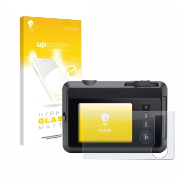 Face avant d’un emballage produit avec le logo de la marque upscreen. À côté, l’appareil Leica SOFORT 2 est représenté avec la