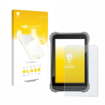 Face avant d’un emballage produit avec le logo de la marque upscreen. À côté, l’appareil Juniper Systems Cedar CT8X2 est repré