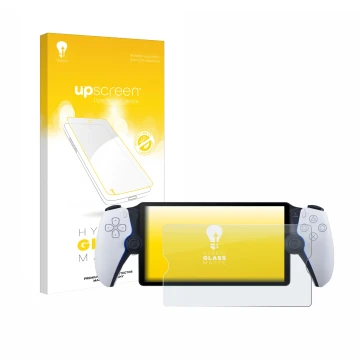 Face avant d’un emballage produit avec le logo de la marque upscreen. À côté, l’appareil Sony Playstation Portal est représent