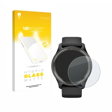 Face avant d’un emballage produit avec le logo de la marque upscreen. À côté, l’appareil Garmin Vivomove Trend est représenté 
